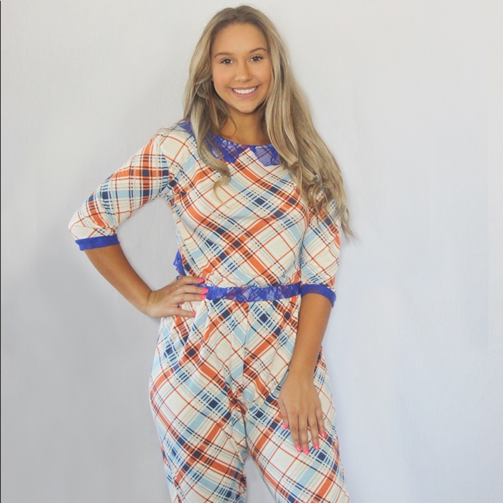 Onesie plaid waist pulls down for bathroom pajama retro 70’s feel